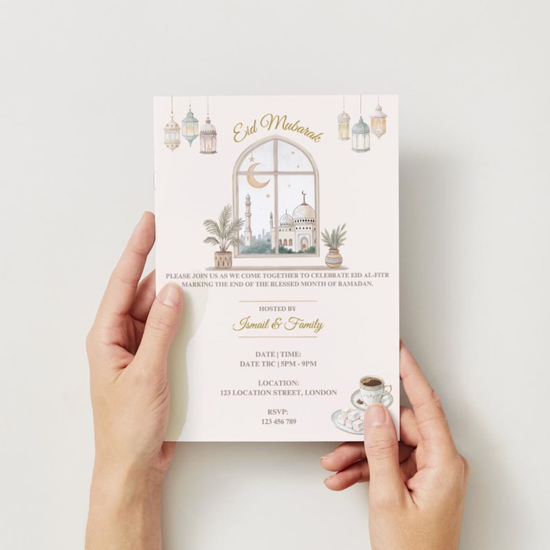 May include: An invitation card with the words "Eid Mubarak" at the top. The card features a watercolor illustration of a mosque, a crescent moon, and hanging lanterns. The text invites guests to celebrate Eid al-Fitr.