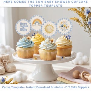 Here Comes The Son Cupcake Toppers Printable | Baby Shower Decor | Canva Template (Digital Download)