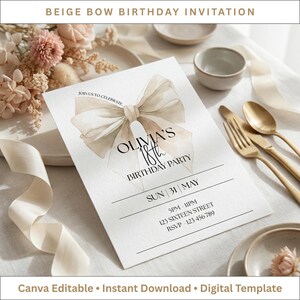 Neutral Bow 18th Birthday Invitation | Canva Editable Template | Elegant Birthday Invite | Digital Download