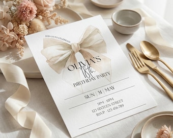 Invitación de cumpleaños número 18 con lazo neutro / Plantilla editable de Canva / Invitación de cumpleaños elegante / Descarga digital