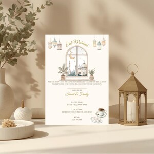 May include: An invitation card with the words "Eid Mubarak" and a watercolor illustration of a mosque, crescent moon, and lanterns. The card includes details for an event hosted by Ismail & Family in London.