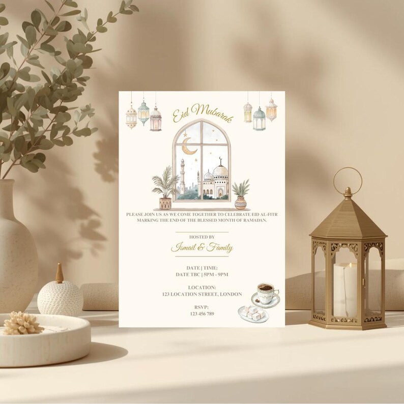 May include: An invitation card with the words "Eid Mubarak" and a watercolor illustration of a mosque, crescent moon, and lanterns. The card includes details for an event hosted by Ismail & Family in London.