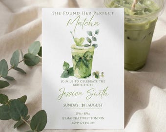 Matcha Bridal Shower Invitation | Watercolor Greenery (A5 Canva Template) Digital Download