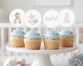 Adornos para cupcakes de baby shower "Sea You Soon" / Estilo náutico costero / Plantilla de Canva (Descarga digital)