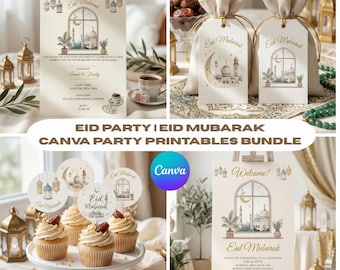 May include: A collection of printable templates for an Eid party, including invitations, gift tags, cupcake toppers, and a welcome sign. The designs feature illustrations of mosques, crescent moons, and lanterns, with the text "Eid Mubarak".