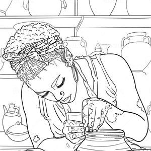 Zwarte vrouw volwassen kleurplaat| Vrouw doet aardewerk| Zelfzorg| Afdrukbare volwassen kleurplaat| Instant Download| Digitale kleurplaat