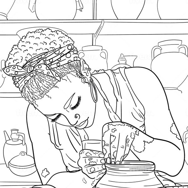 Black Woman Adult Coloring Page|Woman Doing Pottery|Self Care|Printable Adult Coloring Page|Instant Download|Digital Coloring Page