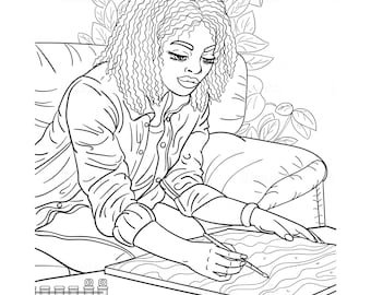 Pagina da colorare per adulti donna nera/Pittura donna/Cura di sé/Per stress/Pagina da colorare per adulti stampabile/Download istantaneo/Pagina da colorare digitale