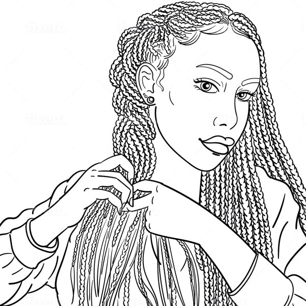 Black Woman Adult Coloring Page|Woman Braiding Hair|Self Care|Printable Adult Coloring Page|Instant Download|Digital Coloring Page