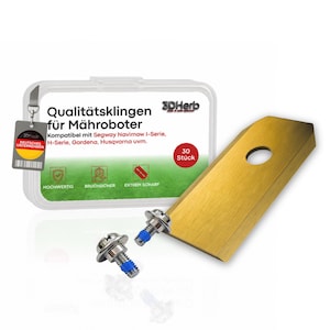 May include: A set of gold-colored robotic lawn mower blades in a clear plastic storage case with the text "Qualitätsklingen für Mähroboter" and "30 Stück". Two silver metal screws with blue thread-locking compound are positioned in front.