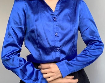 Vintage 90s slinky satin shirt electric blue long sleeve blouse 80s disco vibes y2k