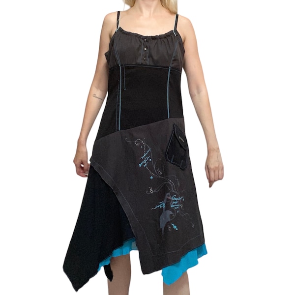 Black blue  asymmetrical deconstructed summer midi dress geometric pattern gorpcore y2k 90s style technical utility archive dress