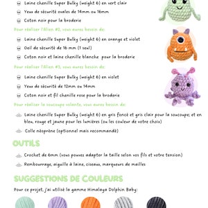 Puede incluir: Materiales y sugerencias de colores para tejer tres diferentes amigurumis alien&iacute;genas. Los alien&iacute;genas son verde, naranja y morado. Los materiales incluyen hilo chenille, ojos de seguridad e hilo de algod&oacute;n. Las sugerencias de colores son verde menta, lavanda, naranja, gris y gris oscuro.