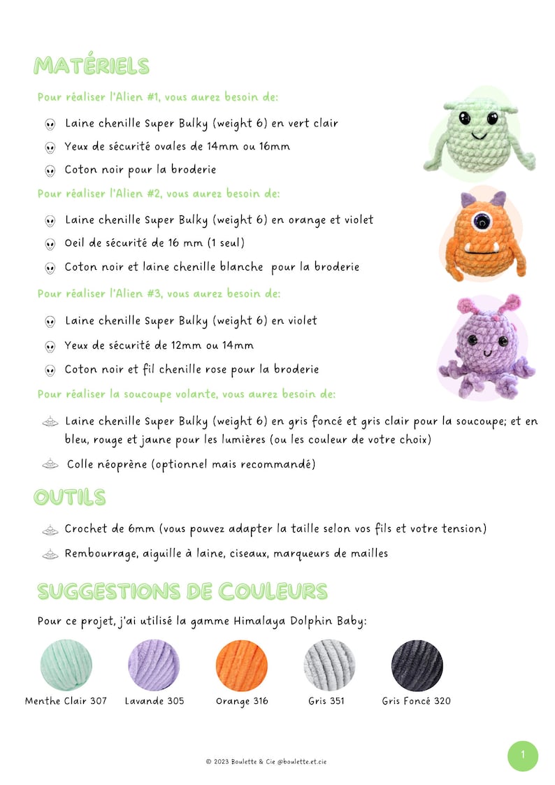 Puede incluir: Materiales y sugerencias de colores para tejer tres diferentes amigurumis alien&iacute;genas. Los alien&iacute;genas son verde, naranja y morado. Los materiales incluyen hilo chenille, ojos de seguridad e hilo de algod&oacute;n. Las sugerencias de colores son verde menta, lavanda, naranja, gris y gris oscuro.