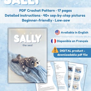 K&ouml;nnte beinhalten: Ein PDF-H&auml;kelmuster namens "SALLY" mit einer geh&auml;kelten Robbe. Das Muster enth&auml;lt detaillierte Anweisungen, &uuml;ber 40 Schritt-f&uuml;r-Schritt-Bilder und ist f&uuml;r Anf&auml;nger geeignet. Das digitale Produkt ist in Englisch und Franz&ouml;sisch verf&uuml;gbar.