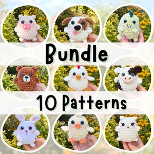 Chubby Pack - 10 Padrões de Crochê: Urso, Hamster, Pintinho e Galinha, Porco, Cachorro, Dino, Vaca, Coelho, Gato, Morcego - Amigurumi de Costura Baixa - Animais Kawaii