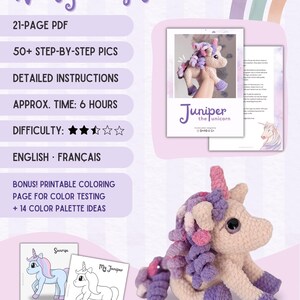 Pode incluir: Unic&oacute;rnio de croch&ecirc; chamado Juniper com chifre rosa, crina roxa e detalhes em lavanda. A imagem inclui um padr&atilde;o em PDF com instru&ccedil;&otilde;es passo a passo, p&aacute;ginas para colorir e ideias de paletas de cores. O texto diz "What you'll get".