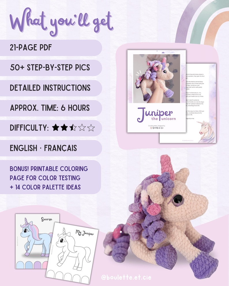 Pode incluir: Unic&oacute;rnio de croch&ecirc; chamado Juniper com chifre rosa, crina roxa e detalhes em lavanda. A imagem inclui um padr&atilde;o em PDF com instru&ccedil;&otilde;es passo a passo, p&aacute;ginas para colorir e ideias de paletas de cores. O texto diz "What you'll get".