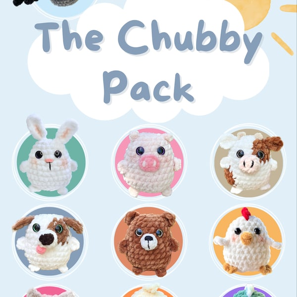 Chubby Pack - 9 Crochet Patterns: Bear, Chick & Chicken, Pig, Dog, Dino, Cow, Bunny, Cat, Bat - Pack Potelé - 9 Tutos de Crochet