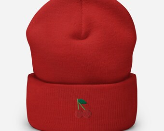 Embroidered Cherry Beanie, Unisex Knit Hat - Etsy