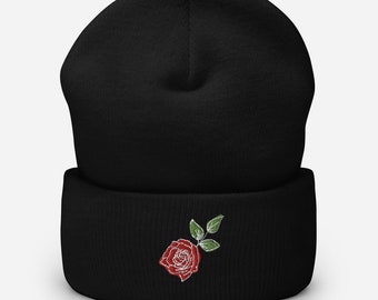 Embroidered Rose Beanie, Unisex Winter Hat