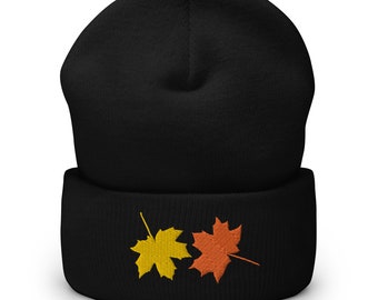 Embroidered Leaf Beanie, Unisex Acrylic Winter Hat