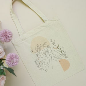 Tote Bag Stofftasche Naturweiß/Braun 100% Baumwolle Jutebeutel Tragetasche Tasche Line Art Umhängetasche Minimalistisch