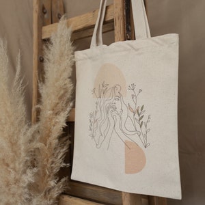 Tote Bag Stofftasche Naturweiß/Braun 100% Baumwolle Jutebeutel Tragetasche Tasche Line Art Umhängetasche Minimalistisch