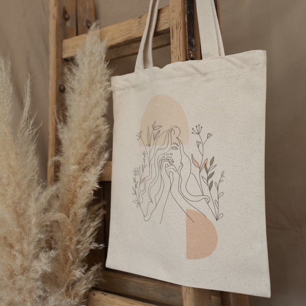 Tote Bag Fabric Bag Natural White/Brown 100% Cotton Jute Bag Tote Bag Line Art Shoulder Bag Minimalist