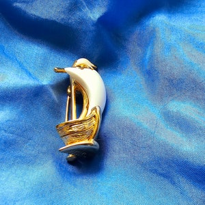 Vintage Orena Paris Brooch: Gold & White Sailboat Pin, 1990s.