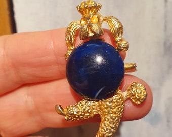 Vintage Golden Poodle Brooch with Blue Stone, 80s Paris Jewelry