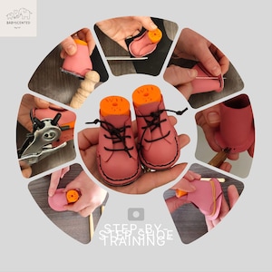 May include: A tutorial demonstrating the making of small pink boots with black laces and orange tops. The image shows the process with tools and materials, and includes the text "STEP BY STEP SHOE TRAINING".