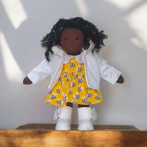 Handmade Waldorf Doll (35cm): Bee Dress, Fur Collar Coat