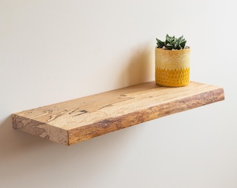 16in/40cm Spalted Beech Live Edge Shelf | Handmade Solid Wood Floating Shelf | Natural Edge Wooden Wall Shelf | Rustic Modern Home Décor