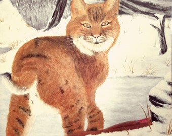 Peint à la main, peinture originale, acrylique sur panneau de toile, lynx roux, Nature, hiver