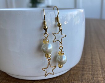 Gold Plated Star Dangle Earrings | Freshwater Pearl, Nickel Free