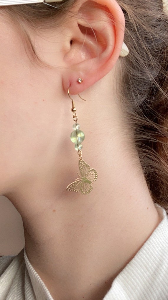 Jade Butterfly Earrings Butterfly Dangle 18K Gold Earring Hooks