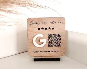 Small personalized Google review sign for business on base with QR Code