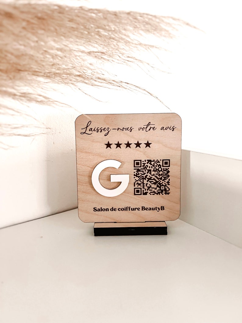 Petite Pancarte avis Google personnalisée pour entreprise sur socle avec QR Code image 1