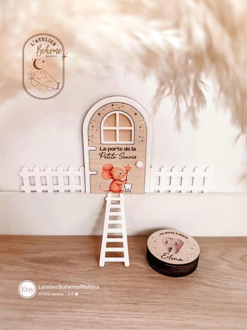 Tooth Fairy Door + Personalized Children's Tooth Box – Magic Door with Ladder, Color Engraving, Tooth Drop Gift, Childhood Keepsake image 1