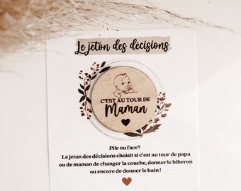 Jeton décision, pile ou face papa ou maman, cadeau baby shower, cadeau naissance parents