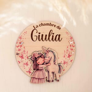 Children&#39;s bedroom door sign with personalized first name, children&#39;s unicorn, little girl&#39;s door sign