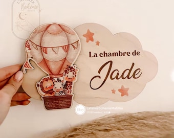 Personalized children's door sign – Baby room decoration – Wooden hot air balloon with name – Baby girl or boy gift