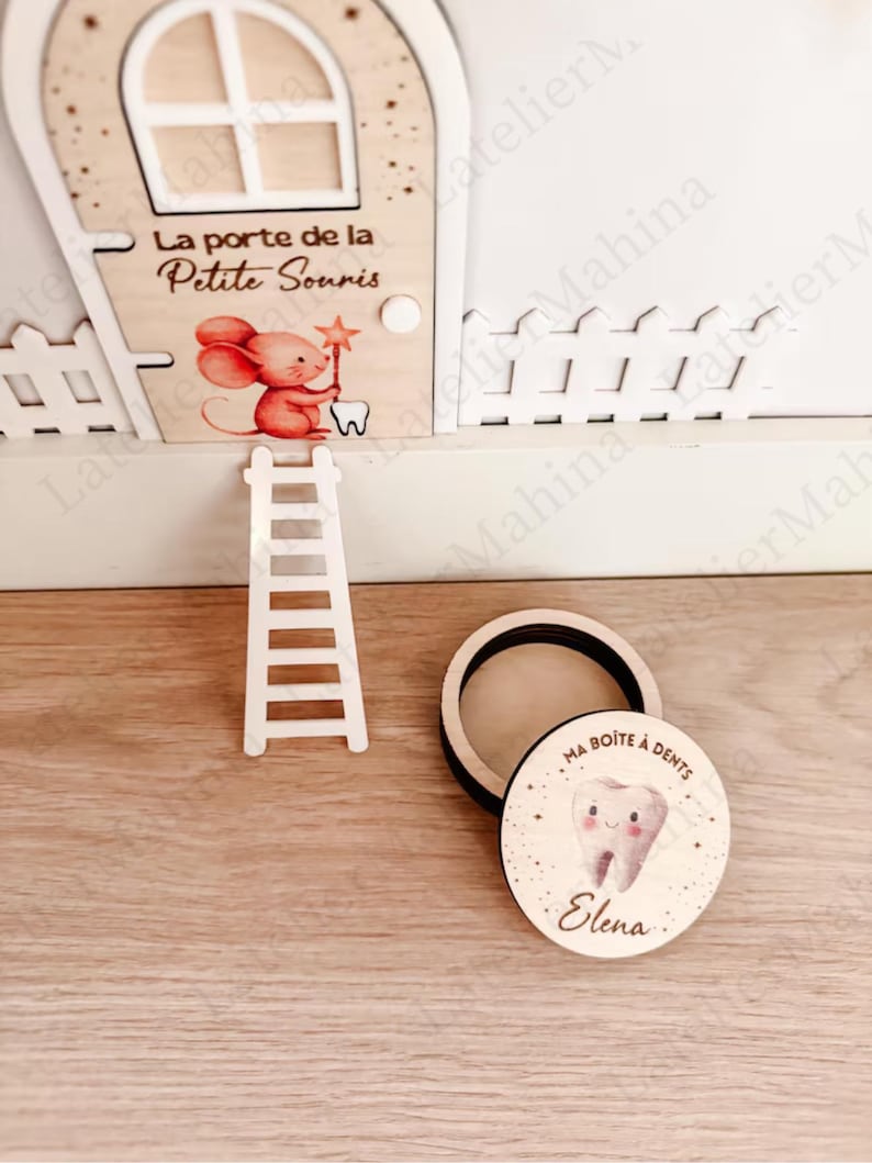 Tooth Fairy Door + Personalized Children's Tooth Box – Magic Door with Ladder, Color Engraving, Tooth Drop Gift, Childhood Keepsake image 3