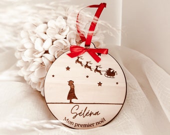 Personalized Christmas ball with first name and initial in relief, red satin ribbon