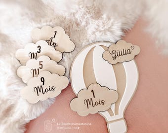 Carte étape âge bébé montgolfière en bois – Prénom personnalisé naissance – Cartes âge nourrisson – Accessoire photo souvenirs bébé
