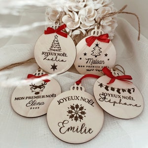 Christmas ball with personalized engraving, red satin ribbon