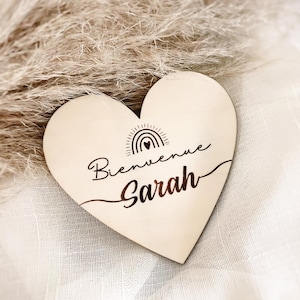 Heart-shaped baby birth welcome card with personalized engraving