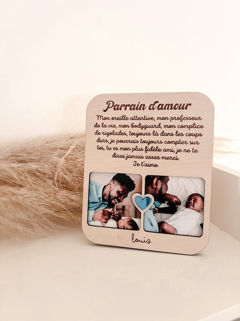Frame with 2 photos and engraved text for personalized godfather/godmother gift image 1