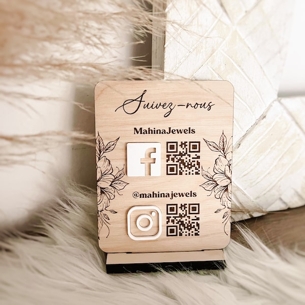 Pancarte instagram et Facebook ou Google personnalisée pour entreprise sur socle et QR Code